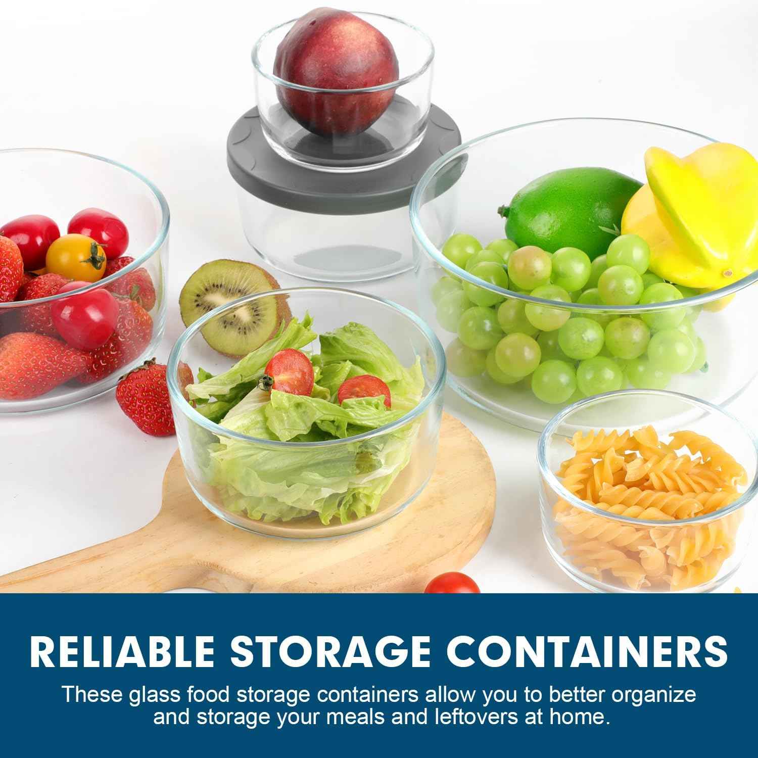 M MCIRCO 8-Pack Glass Food Storage Containers Set, Round Containers with Lids, 7, 4, 2 & 1-Cup, Microwave Dishwasher Friendly, BPA-Free Meal Prep Containers