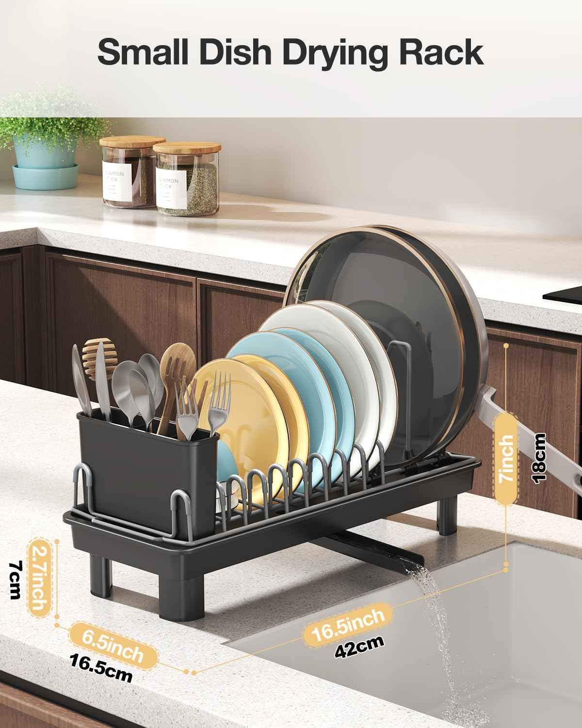 Small Dish Drying Rack Carbon Steel Dish Rack Rustproof for Kitchen Counter Compact Dish Drainer with Adjustable Slots for Small Kitchens & Apartments 16.5×6.5×7inch Black