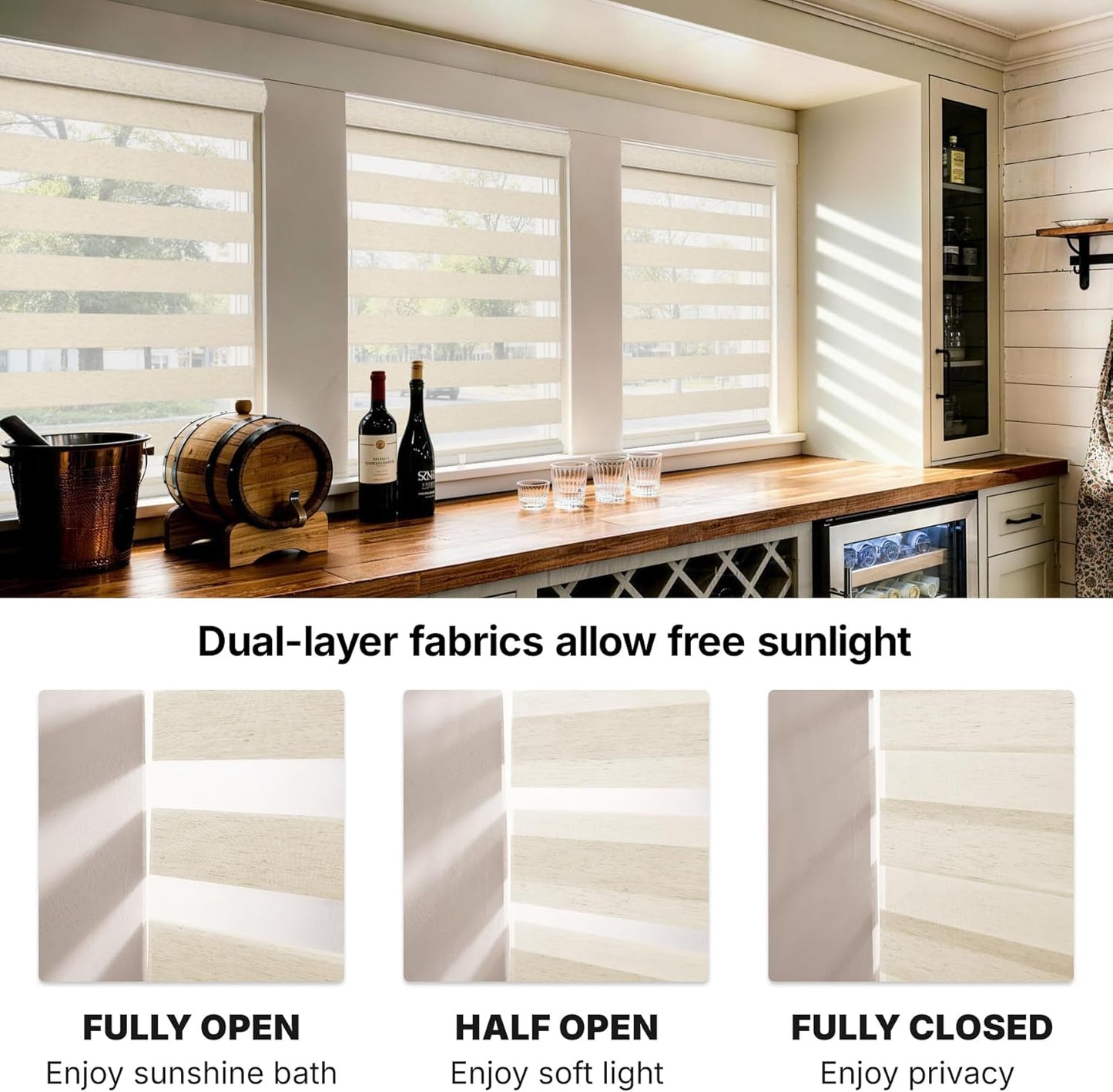 HESTIA Cordless Light Filtering Zebra Shades for Windows, Day Night Dual-Layer Natural Linen Woven Fabric Roller Shades, Privacy Light Control for Living Room/Home Office, Linen, 46" W x 72" H