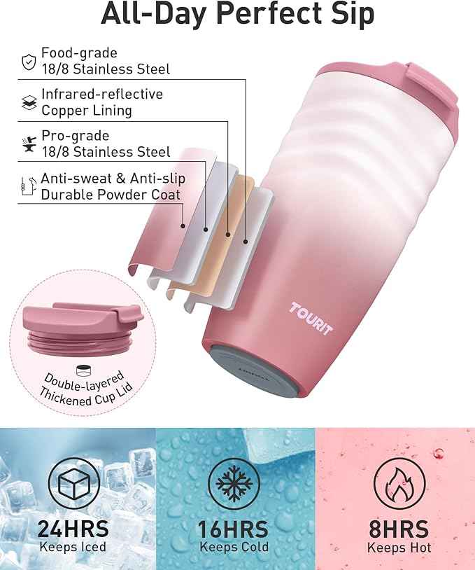 TOURIT 12 oz Travel Coffee Mug, Insulated Stainless Steel Travel Mug with Lid, Leak-Proof Double-Wall Vacuum Tumbler, Reusable Coffee Cup - Mist Purple