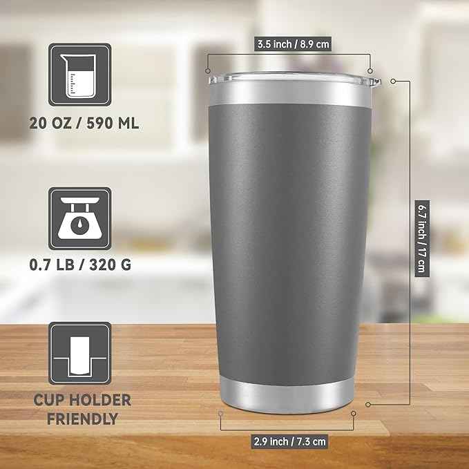 20 oz Tumbler Stainless Steel Tumblers with Lid Double Wall Vacuum Insulated Coffee Mug 20oz Powder Coated Cup for Hot and Cold Drinks, Gray, 1 pack
