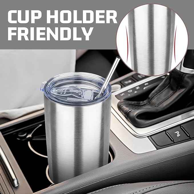 20 oz Tumbler with Lids and Straws, Stainless Steel Insulated Travel Coffee Mug, Double Wall Vacuum Insulated Tumblers, Powder Coated Coffee Tumbler for Cold & Hot Drinks (Silver)