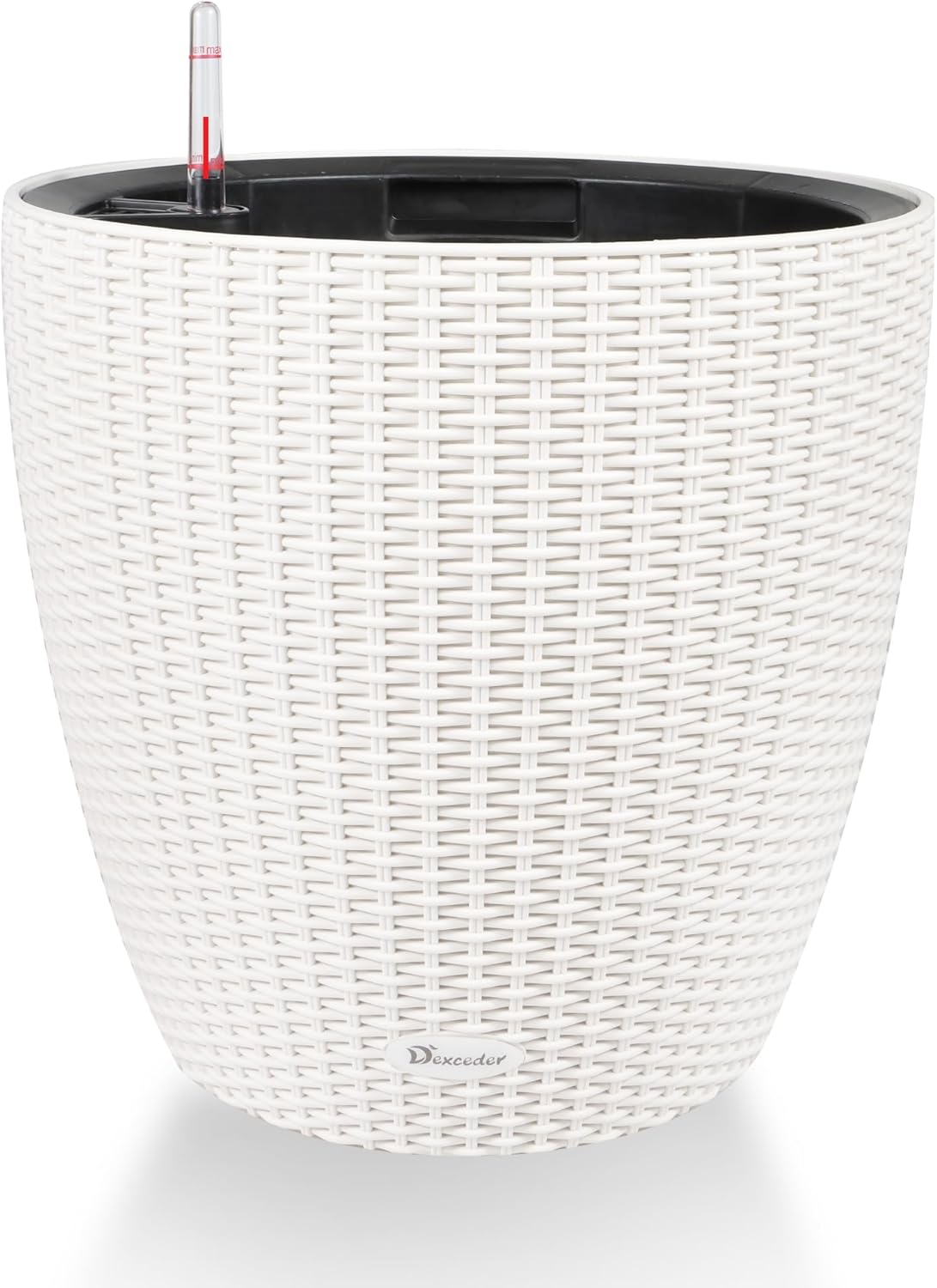 Dexceder 18x17 Inches Rattan Self Watering Planter Indoor Outdoor, Inner Pot Design, Thickened Table Flower Plant Pot with Water Level Indicator (Ivory White)
