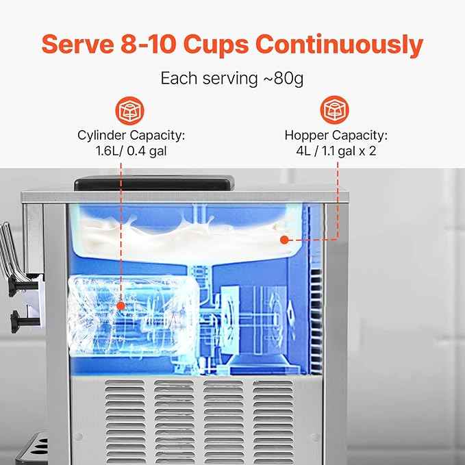 VEVOR Commercial Ice Cream Machine, 21 QT/H Soft Serve Ice Cream Maker with LCD Panel Auto Clean 3-Flavor Pre-cooling for Restaurant Snack Bar