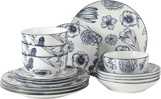 Gibson Home Westerly Court 16-Piece Dinnerware Set, Blue Floral Stoneware Plates & Bowls, Service for 4, Round Durable Everyday Dish Set