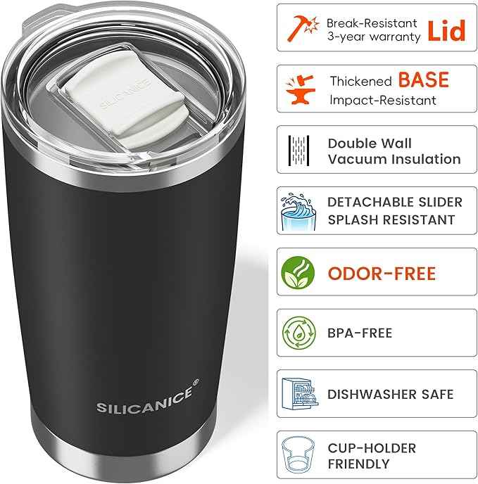 20oz Hygienic Stainless Steel Vacuum Insulated Tumbler w/ Easy-On/Easy-Off Lid - Removable slider, Double Wall 18/8 Travel Mug, BPA-Free, Fits Cup Holders, Premium Quality, Smart Value - Black