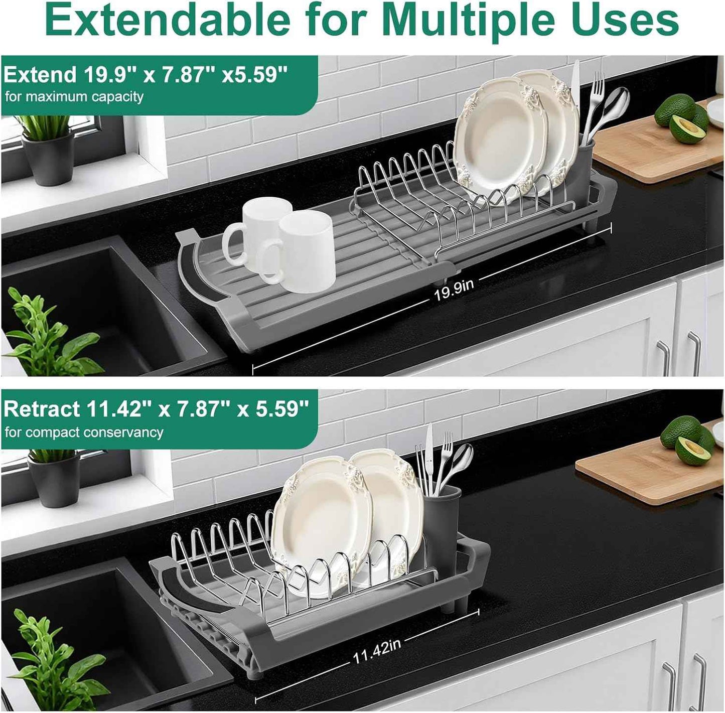 Dish Drying Rack - A Compact, Space-Saving Stainless Steel Rust-Resistant Dish Drainer Specifically Designed for Kitchen and Apartment Countertops/Sink Cabinets,11.42 to 19.9 Inches (Gray2)