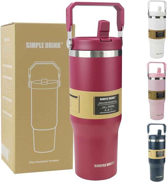 30oz Flip Straw Insulated Water Bottle with Handle, Leak Proof Stainless Steel Travel Tumbler With Lid, Double Wall Vacuum Iced Coffee Travel Mug, Sport Cup, Outside use