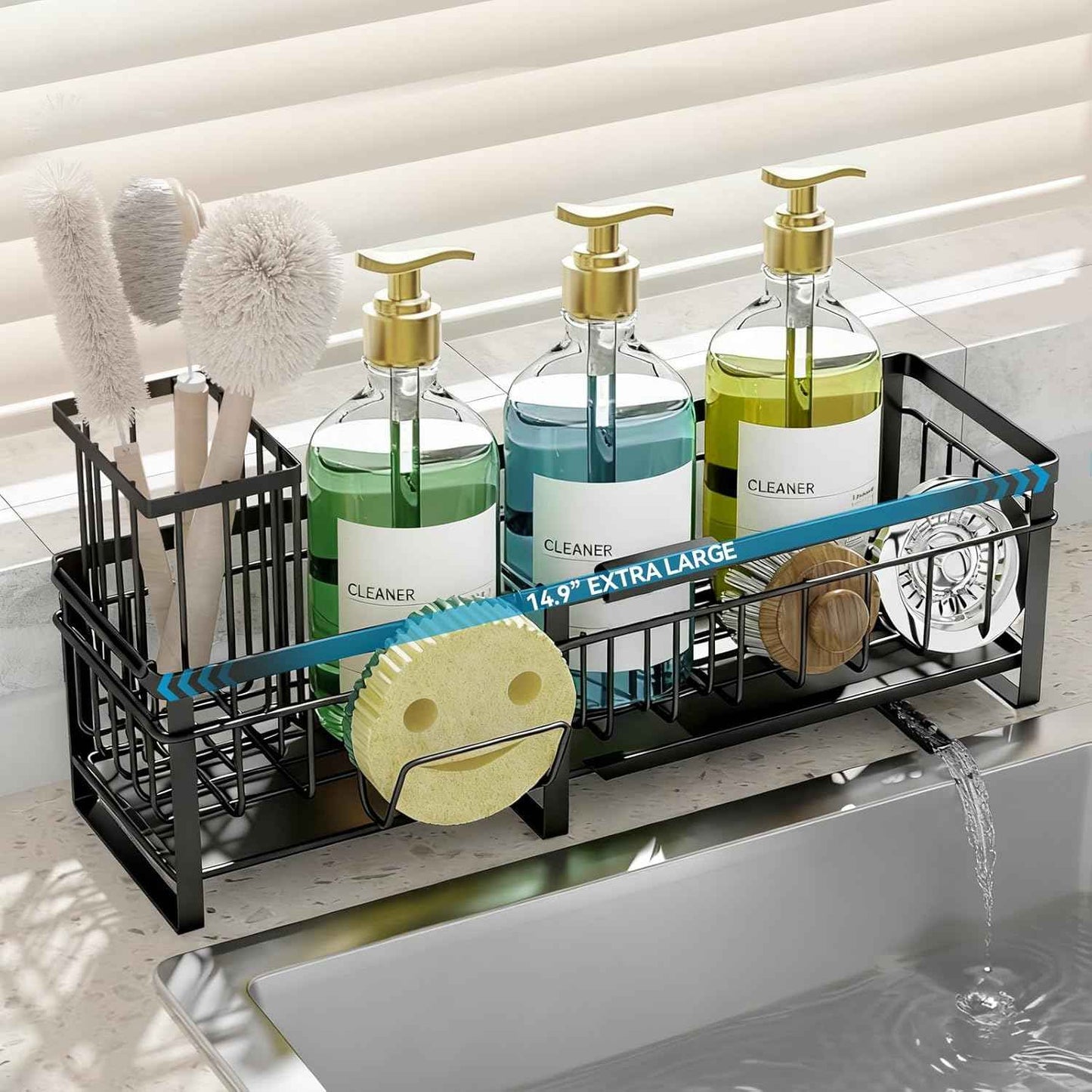 Aurblozen Extra Large Extendable Sponge Holder for Kitchen Sink, Rustproof Sink Caddy Organizer with High Brush Holder, Dish Soap Dispenser Organizers and Storage (Black)