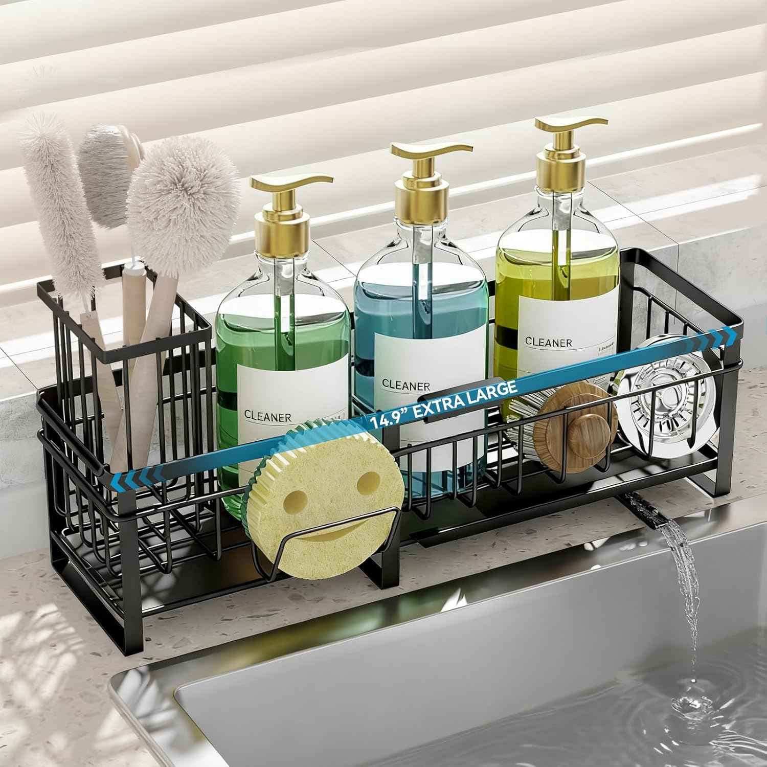 Aurblozen Extra Large Extendable Sponge Holder for Kitchen Sink, Rustproof Sink Caddy Organizer with High Brush Holder, Dish Soap Dispenser Organizers and Storage (Black)