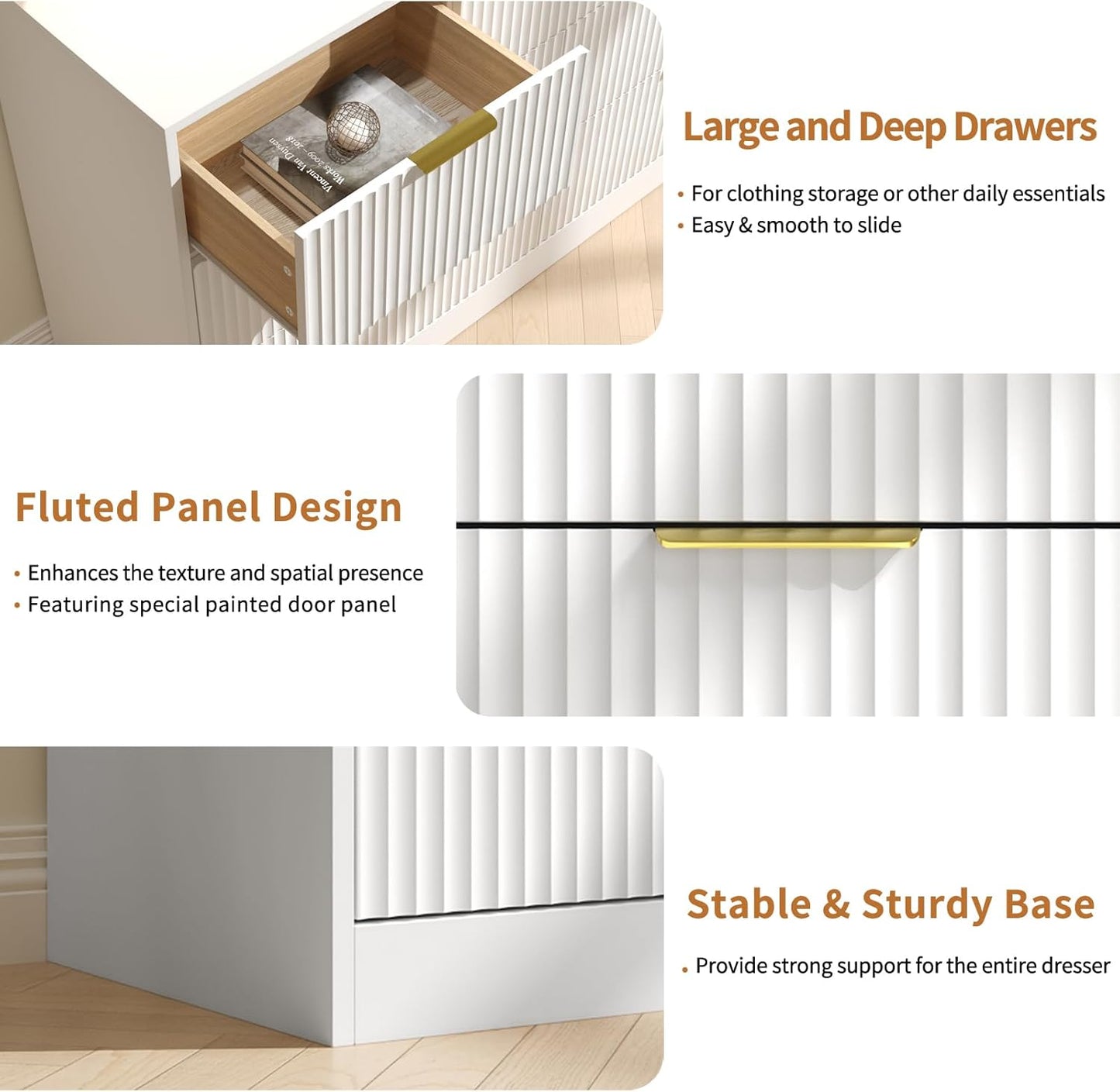 White 7 Drawer Dresser for Bedroom, 55” Wide Fluted Dresser with Gold Handles, Modern Chest of Drawer for Bedroom, Closet, Living Room, Entryway, Hallway, White