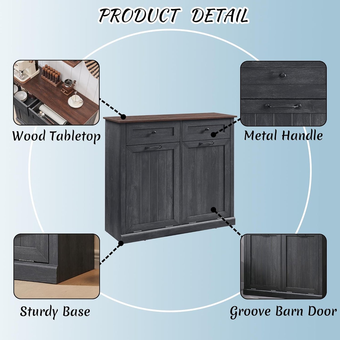 Double Tilt Out Laundry Hamper Cabinet, 20 Gallon Farmhouse Trash Can Cabinet with Drawer, Hidden Wood Garbage Can Bin Cabinet with Laundry Storage Basket for Bathroom, Kitchen, Dark Grey - Lumora Casa