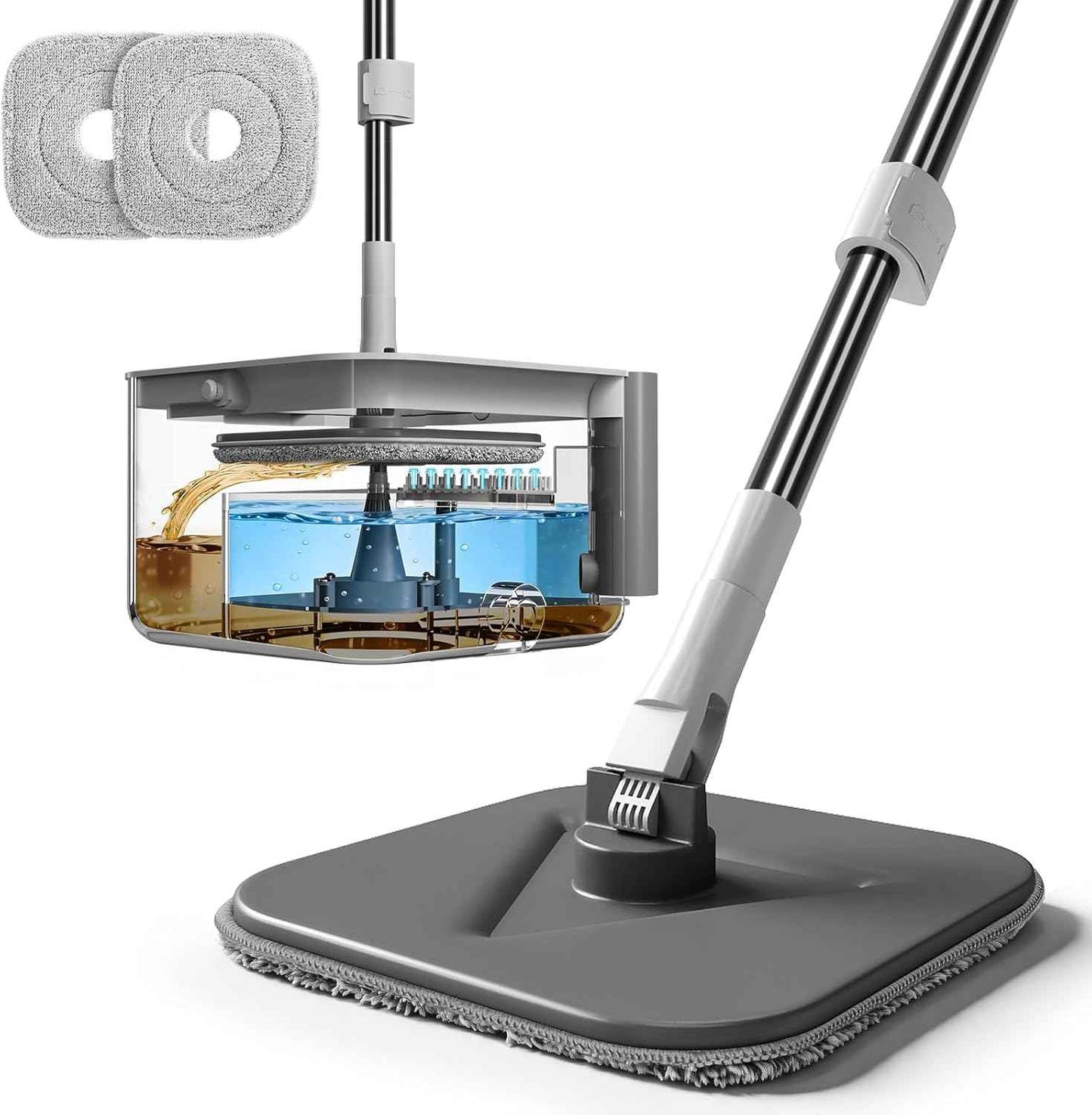 Masthome Spin Mop and Bucket with Wringer Set, Clean Dirty Water Separation, 360° Rotating Floor Mop with Adjustable Stainless Steel Handle, Reusable Pads for Hardwood Tile Laminate Home Cleaning