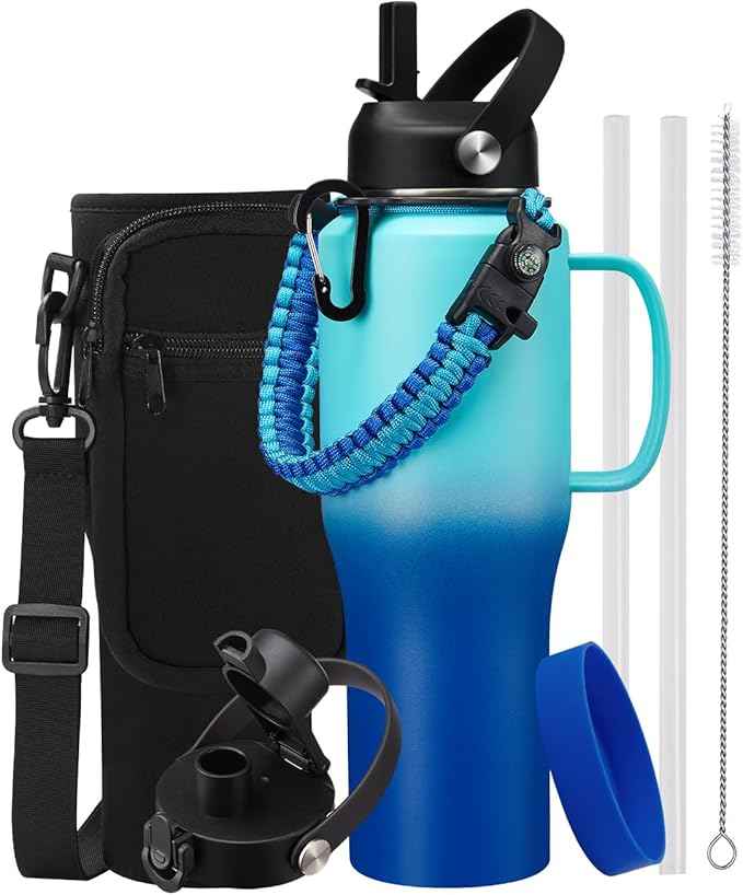 32 OZ Stainless Steel Water Bottle with Straw - Kepp Cold 48Hrs Slim Water Bottle Fits in Cup Holder, 32oz Waterbottle with Straw & Spout Lids, Carrier Bag, Insulated Tumbler Cups Flask for Travel