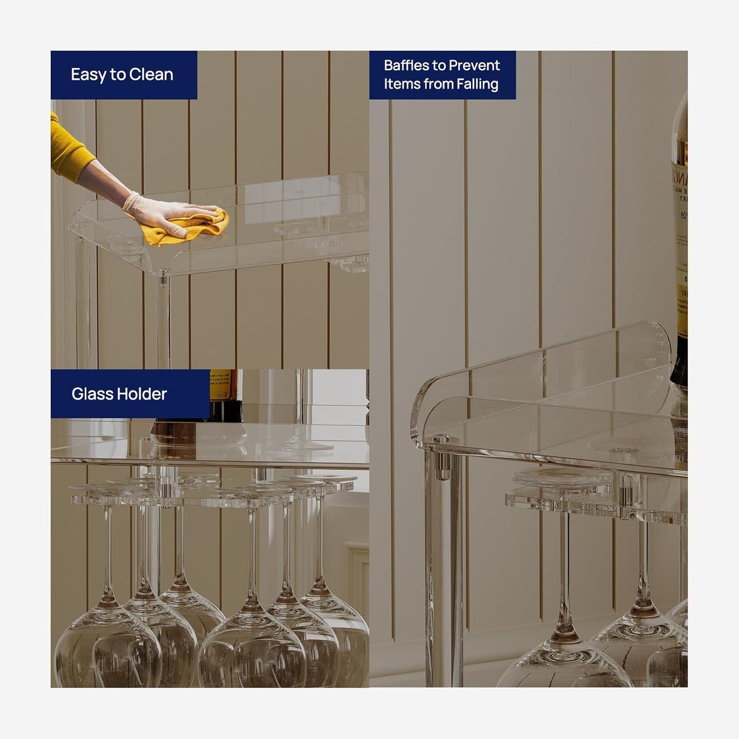 HMYHUM Acrylic Bar Cart with 4 Lockable Wheels, 3 Tier Clear Serving Cart with Glass Holder, Rolling Beverage Cart for Home, Kitchen, Dinning Room, 23.6''D x 15''W x 32.3''H