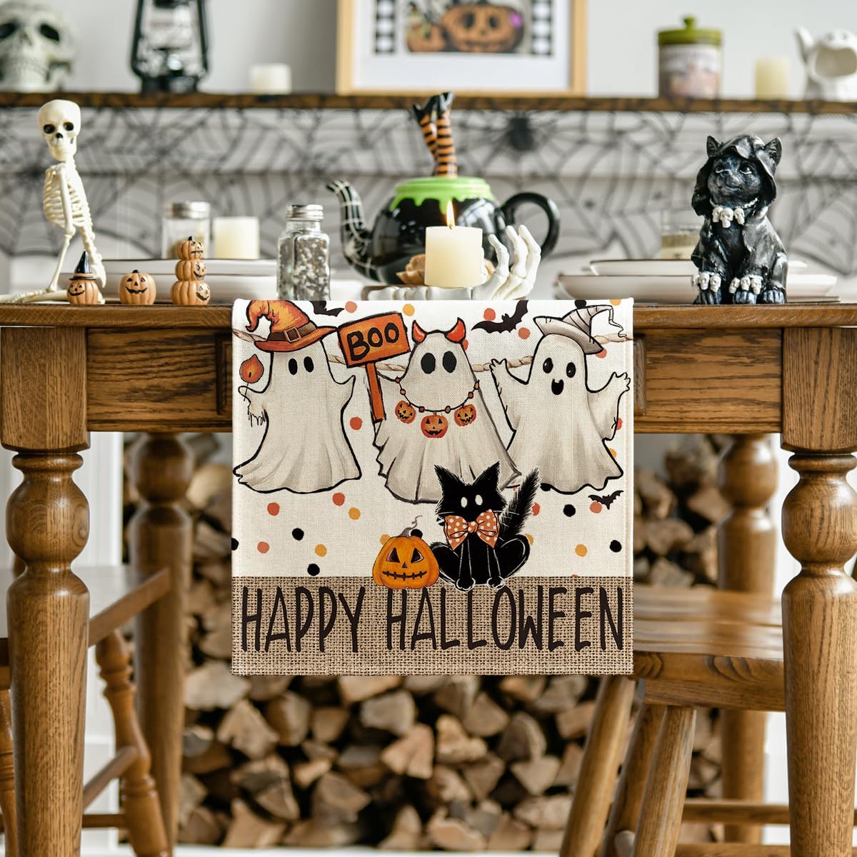 Artoid Mode Beige Ghost Jack-O'-Lantern Black Cat Halloween Table Runner,Holiday Kitchen Dining Table Decoration for Home Party Decor 13 x 72 Inch