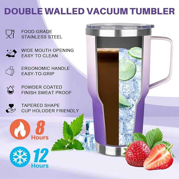 30 oz Tumbler with Handle, Stainless Steel Insulated Tumbler with Lid and Straw, Double Wall Vacuum Coffee Mug Tumbler, Insulated Coffee Thermal Cup for Cold and Hot (Light Dark Purple)
