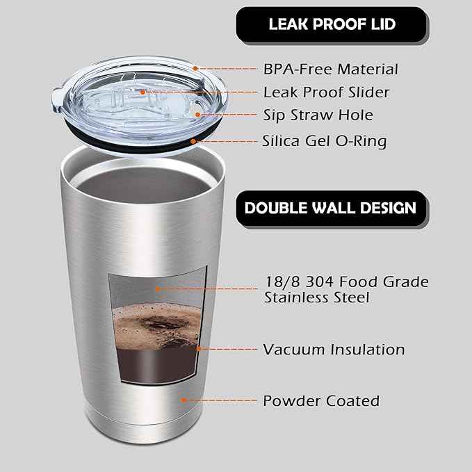 AIANJI 20oz Tumbler Bulk Stainless Steel Tumblers with Lid Vacuum Insulated Double Wall Travel Coffee Mug Powder Coated Tumbler Cup for Hot and Cold Drinks(Stainless Steel, 6 pack)