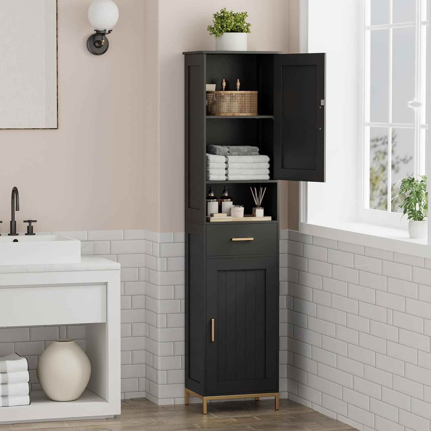 Homhedy 67" H Bathroom Storage Cabinet, Tall Storage Cabinet with Adjustable Shelves, Freestanding Cabinet with Doors and Drawer, Narrow Cabinet for Bathroom, Living Room, Kitchen, Dining Room, Black