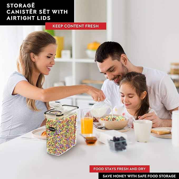 DWËLLZA KITCHEN Cereal Containers Storage 4L Set of 4 Airtight Food Storage Containers with Lids Cereal Dispenser Countertop Pantry Organization Canister for Rice Flour & Sugar 1 Marker 8 Labels