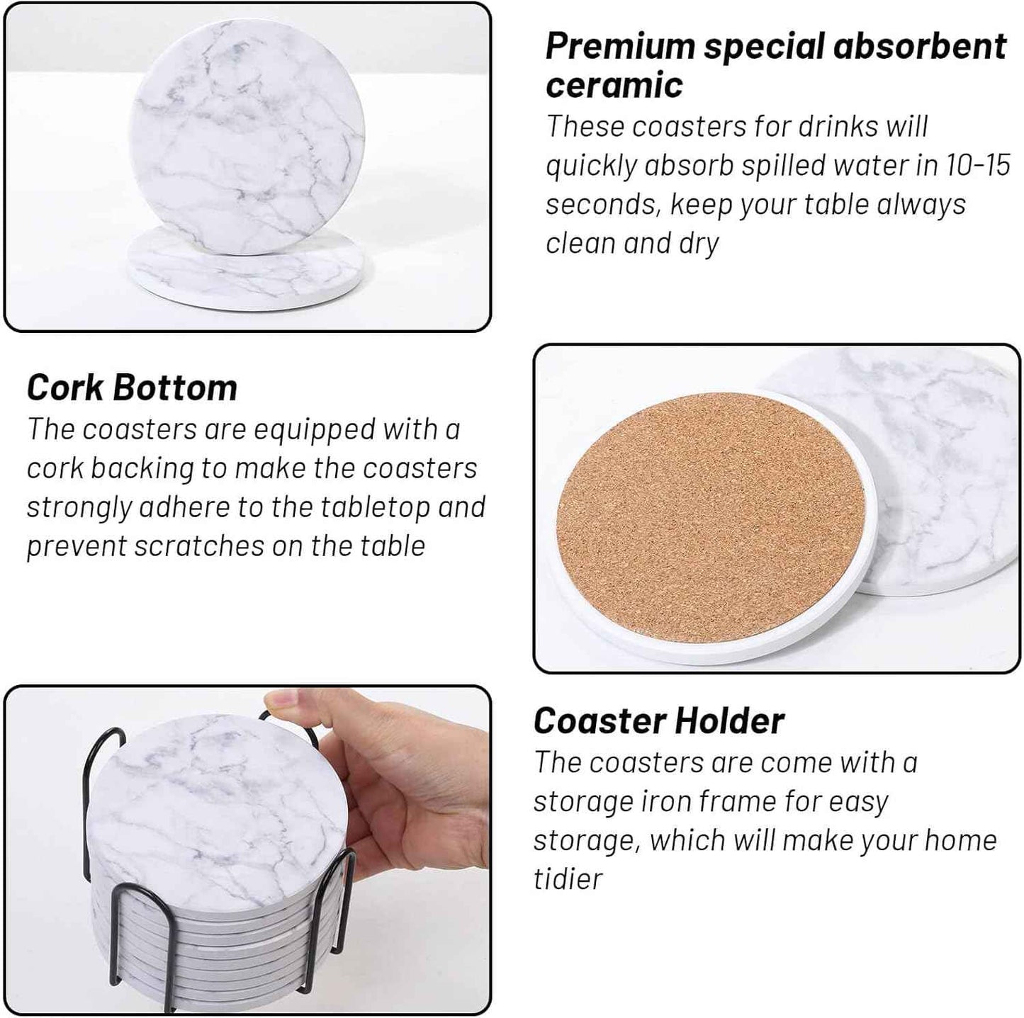 Billbotk 9 Pieces Ceramic Coasters for Drinks with Holder, Absorbent Drink Coasters for Coffee Table, Marble Style Coasters Wooden Table, Suitable for Kinds of Cups, 4 Inches
