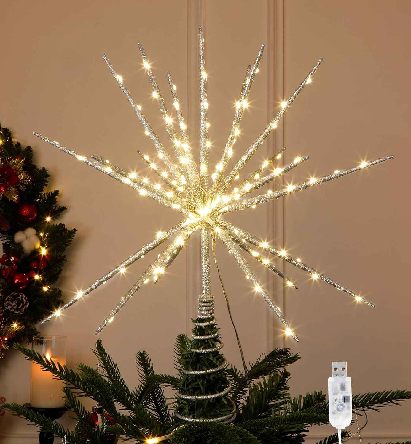 15 Inch Christmas Tree Star Topper with 150 LED Timer Lights & Remote, 19-Point USB Powered Lighted Silver Starburst Star Tree Topper for Indoor Holiday Party Xmas Tree Decor