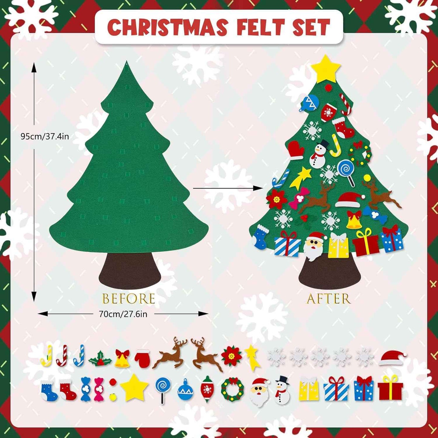 3.2 Ft Felt Christmas Tree with 33 Ornaments, DIY Felt Christmas Tree Set for Montessori, Hanging Ornaments DIY Tree Set Xmas New Year Wall Decorations