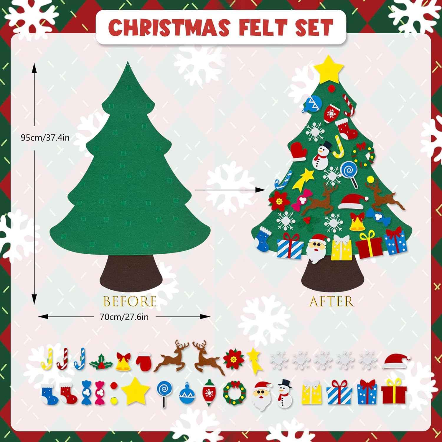 3.2 Ft Felt Christmas Tree with 33 Ornaments, DIY Felt Christmas Tree Set for Montessori, Hanging Ornaments DIY Tree Set Xmas New Year Wall Decorations