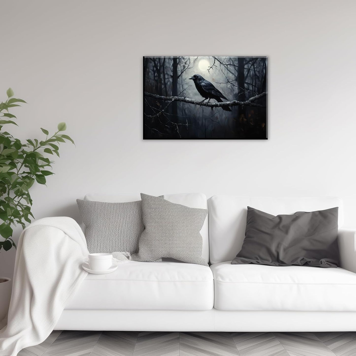 OAAPITI Crow Canvas Wall Art Black Crow Stand On The Branch Picture Print Moonlit Night Poster Vintage Forest Landscape Painting Artwork Living Room Halloween Decor(Artwork-1,12"x18")