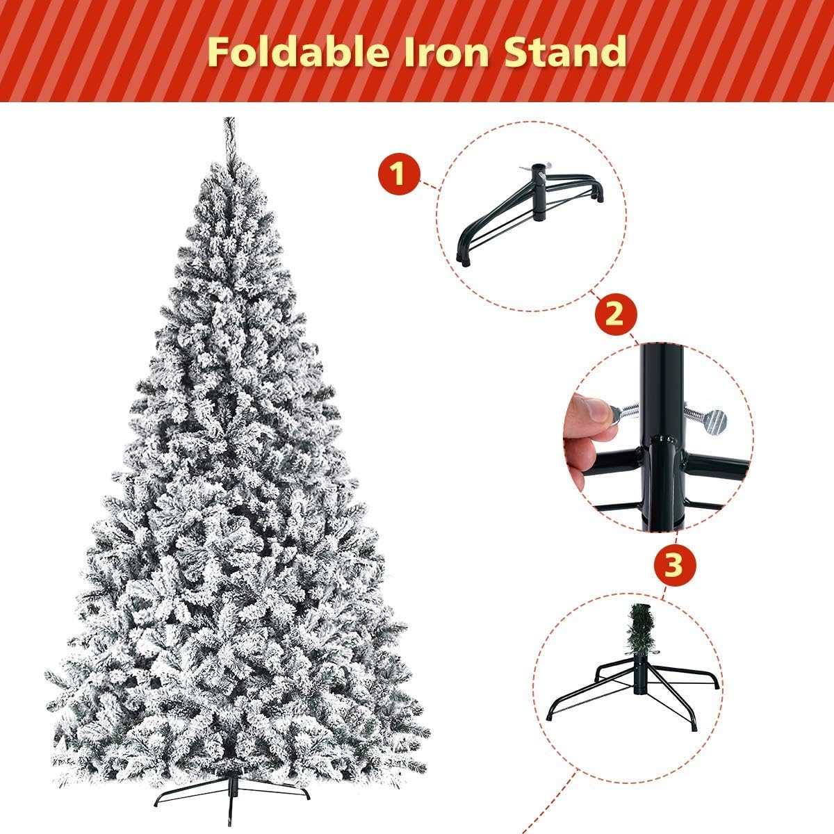 9FT Snow Flocked Christmas Tree, Artificial Pine Tree w/Premium PVC Needles & Solid Metal Stand, Xmas Full Tree for Indoor and Outdoor
