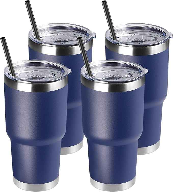 DOMICARE 30 oz Tumbler with Lid and Straw, Stainless Steel Tumblers Bulk, Insulated Vacuum Double Wall Travel Coffee Mug, Durable Powder Coated Tumbler Cups (Navy, 4)