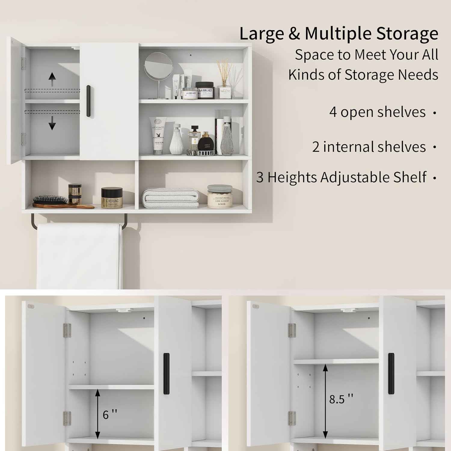 Medicine Cabinet, Wooden Bathroom Wall Cabinet with 2 Doors, Adjustable Shelves & Towel Bar, Over Toilet Storage Cabinet Wall Mounted for Kitchen & Laundry, White