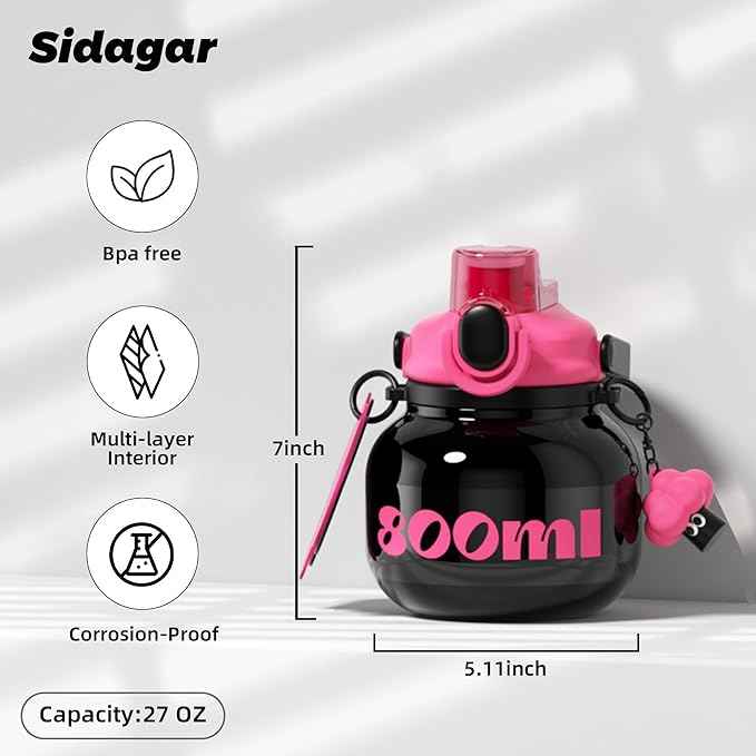 27 oz Water Bottle with Straw and Carry Handle, Black Wide Mouth Vacuum Insulated Stainless Steel Bottles Easy Carry Tumbler for Women