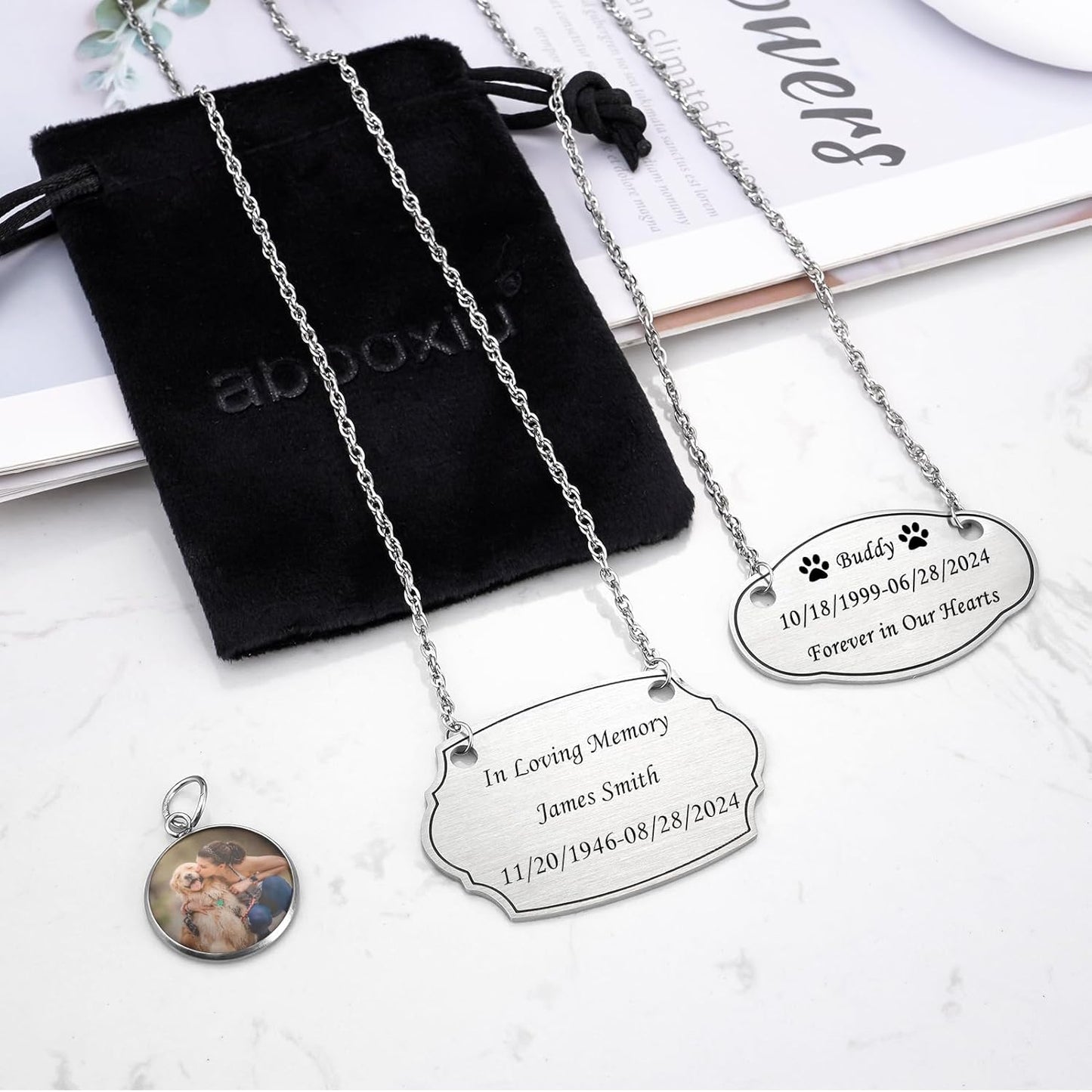Abooxiu Engraved Custom Name Plate for Cremation Urns for Human Ashes Urn Plaques Personalized Engraved Urn Pendant for Keepsake Urns, Hanging Name Tag in Stainless Steels with Chain or Satin Ribbon