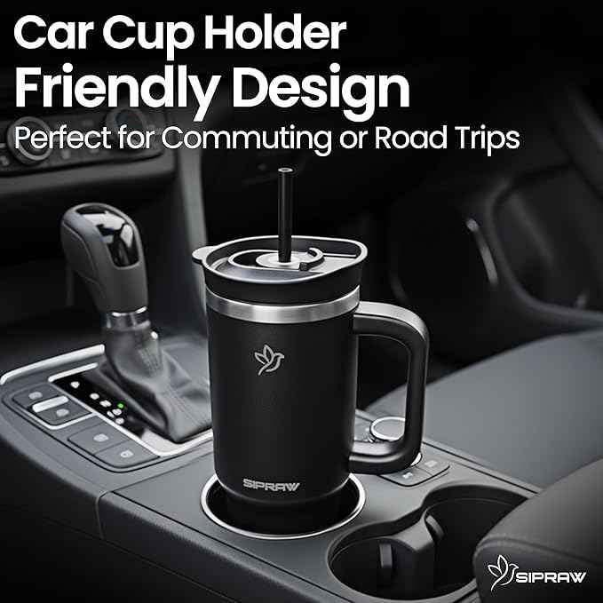 30oz Tumbler with Handle and Straw Insulated Stainless Steel Travel Mug Vacuum Double Wall Coffee Cup Leak Resistant Lid BPA-Free Cup Holder Friendly for Hot & Cold Drinks, Black