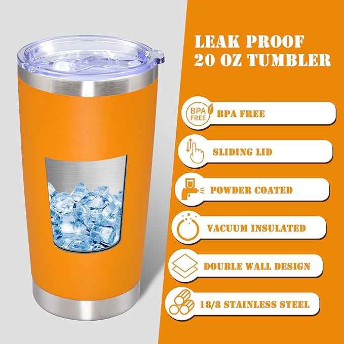 20 oz Tumbler with lid Double Wall Vacuum Insulated Tumblers Stainless Steel Coffee Mug Travel Coffee Tumbler Powder Coated Tumbler Cup Keep Hot&Cold - (Orange 6 Pack)
