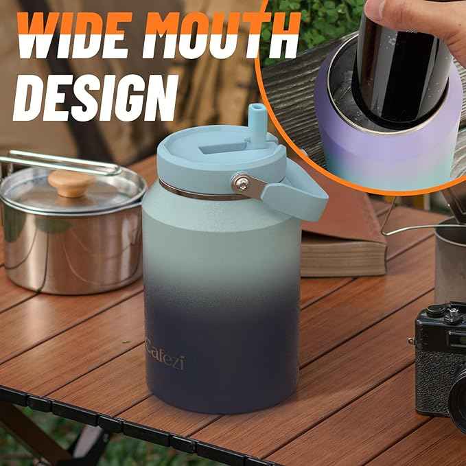 Half Gallon Insulated Water Bottle with Flip Straw, Vacuum Insulated Stainless Steel Jug with Top Handle, Leak-Proof Lid, Sweat-Free, Wide Mouth, Keeps Ice Cold up to 34 Hours