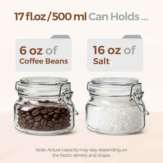 ComSaf Set of 6 Square Glass Jars with Airtight Wire Clamp Lids (17 Oz), Wide Mouth Pantry Canisters for Overnight Oats, Jam, Pickling, Spice Storage, Gifts