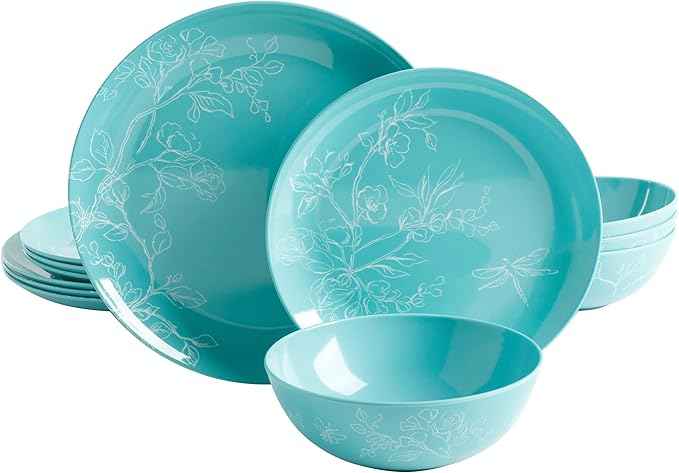 Martha Stewart Dragonfly 12 Piece Decorated Melamine Dinnerware Set - Teal