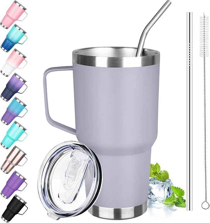 30 oz Stainless Steel Tumbler with Handle, Double Wall Vacuum Insulated Coffee Mug Tumbler with Lid and Straw, Thermal Cup for Cold and Hot (Light Purple)