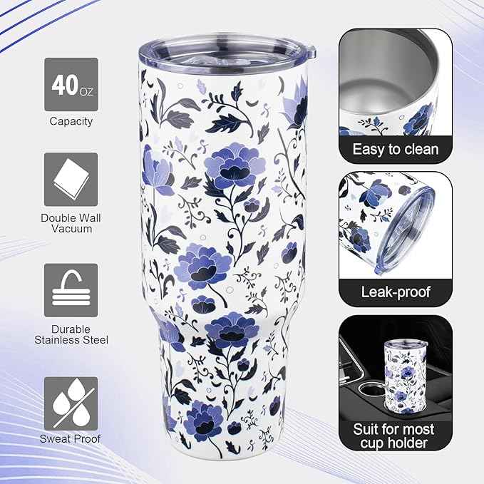 40 oz Tumbler with Lids and Straws Double Wall Insulated Tumbler Cup,Stainless Steel Vacuum Tumbler Powder Coated Travel coffee Mug for Cold and Hot Drinks,Blue and White Porcelain