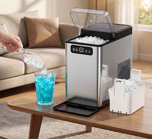 Nugget Ice Maker Countertop,Pellet Ice Machine Chewable Ice 40Lbs/Day,Ready in 5 Mins, Self-Cleaning,Compact Crushed Ice Maker with Scoop for Home/Kitchen/Office, Stainless Steel