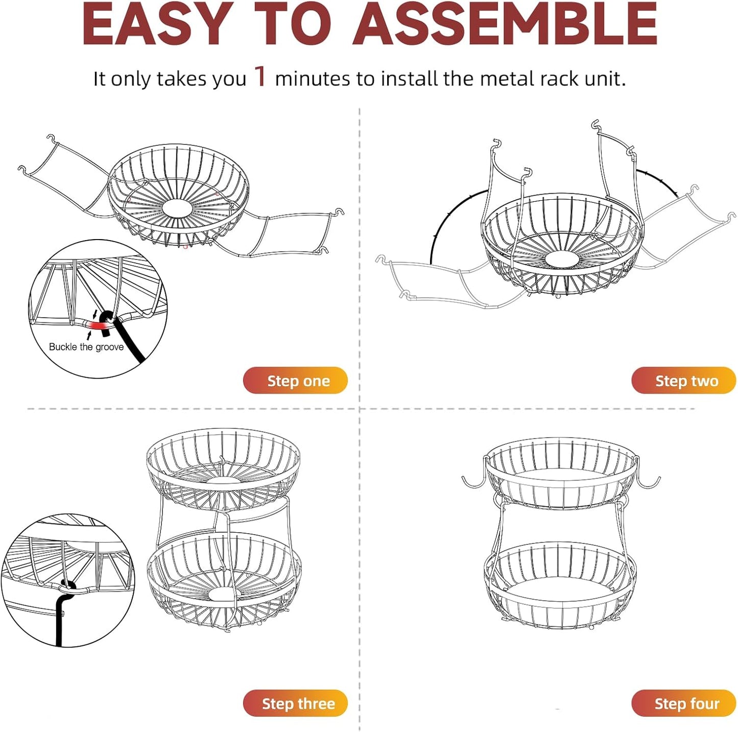 2 Tier Fruit Basket for Kitchen Counter with 2 Banana Hangers, 2025 Pro Detachable Metal Fruit Bowl with Wooden Handle,Fruit Holder for Bread Snack Veggies, Black Extra Large
