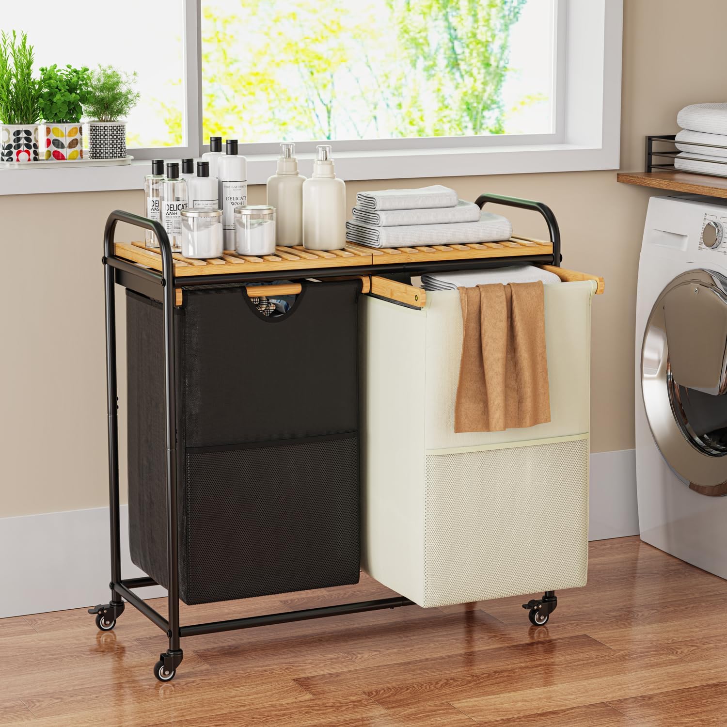 Laundry Hampers 2 Section, Laundry Sorter with Removable Shelf and Pull-Out Bags, Clothes Hampers with Wheels Rolling Cart Basket for Laundry Room Bathroom, 2 x 50 L (Black White) - Lumora Casa