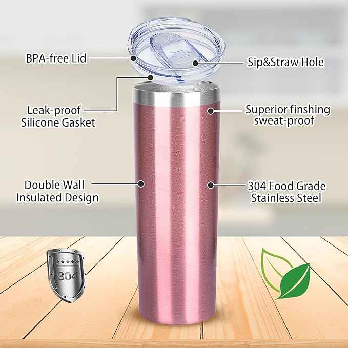 20 oz Skinny Tumblers with Lid and Straw,Stainless Steel Vacuum Insulated Tumbler Cup Double Wall Travel Coffee Mug, Thermal Water Tumbler for Hot and Cold Drinks(Rose Gold,8)
