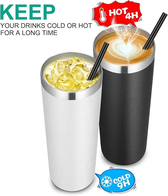 VEGOND Stainless Steel Skinny Tumbler, 20 oz Vacuum Insulated Tumbler with Lid and Straw, Double Wall Coffee Cup, Travel Mug for Cold Hot Drinks, White 1 Pack