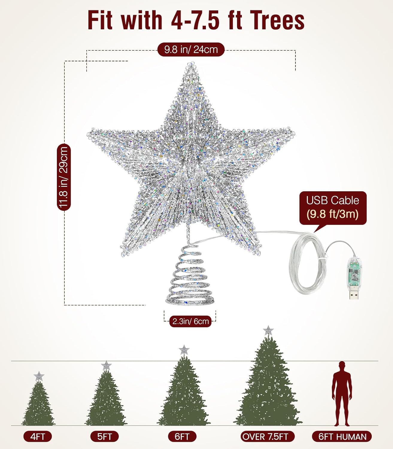 Luxspire Christmas Tree Topper, 3D Lighted Christmas Tree Star with Remote & USB, Star for Christmas Tree Top, 9.8" Xmas Star for Holiday Decorations, 6H Timer & 8 Lighting Modes, Silver
