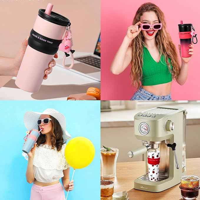 24 oz Stainless Steel Tumbler with Straw, Water Bottle Leak Proof for Hot and Cold, Pink Insulated Coffee Travel Mug, Girls Ceramic Lined Tumbler, Reusable Thermal To Go Coffee Cup Gift for Women