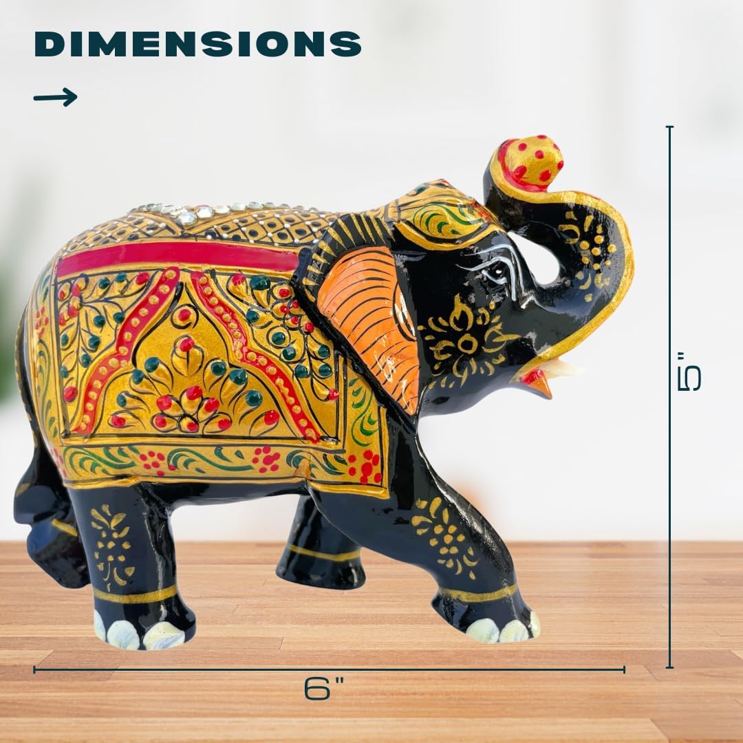 Handcrafted Wooden Elephant Figurine – Traditional Artwork, Gold & Gemstone Embellishments – Lucky Decorative Elephant Statue for Prosperity | Beautiful Elefantes Decorativos para Sala (Black & Gold)
