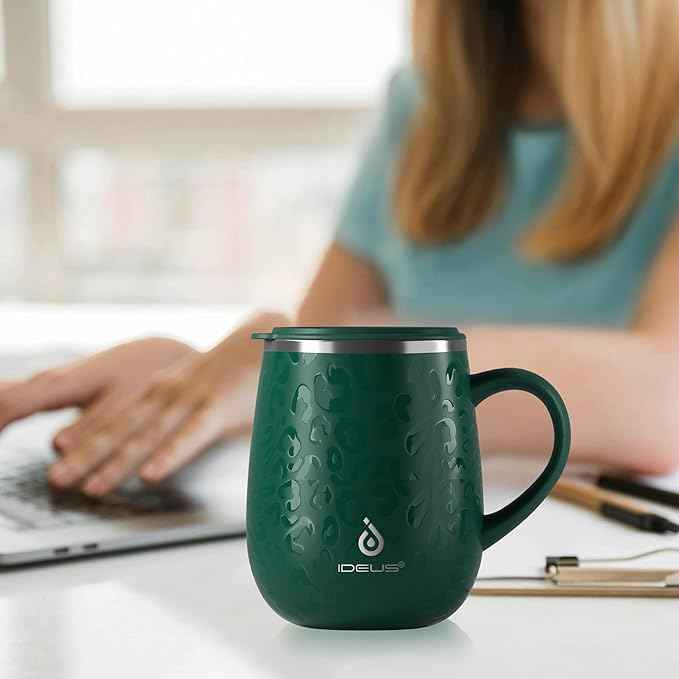 Ideus 16 oz (470 ml) Insulated Coffee Mug with Handle and Lid, Double Wall Stainless Steel Vacuum Thermal Coffee Mug, Travel Coffee Cup Thermal Cup for Home and Office, Leopard Green